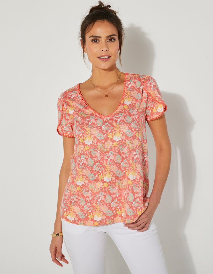 Tee-shirt imprimé coupe loose effet lin (corail / rose) Tee-shirt imprimé coupe loose effet lin (corail / rose)