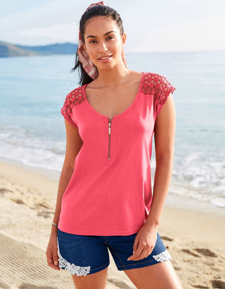 Tee-shirt zippé macramé uni (corail)