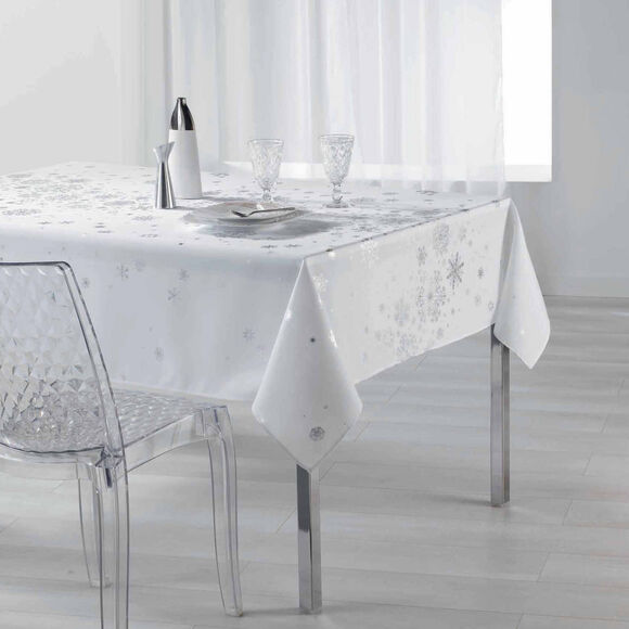 Nappe imprim&eacute;e flocons argent&eacute;s (blanc / argent&eacute;)
