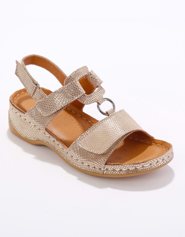Sandales compensées scratchées à ouverture totale, cuir irisé (beige) Sandales compensées scratchées à ouverture totale, cuir irisé (beige)