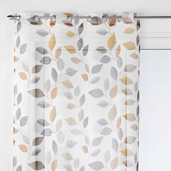 Voilage imprim&eacute; petites feuilles, finition &oelig;illets (gris / orange)