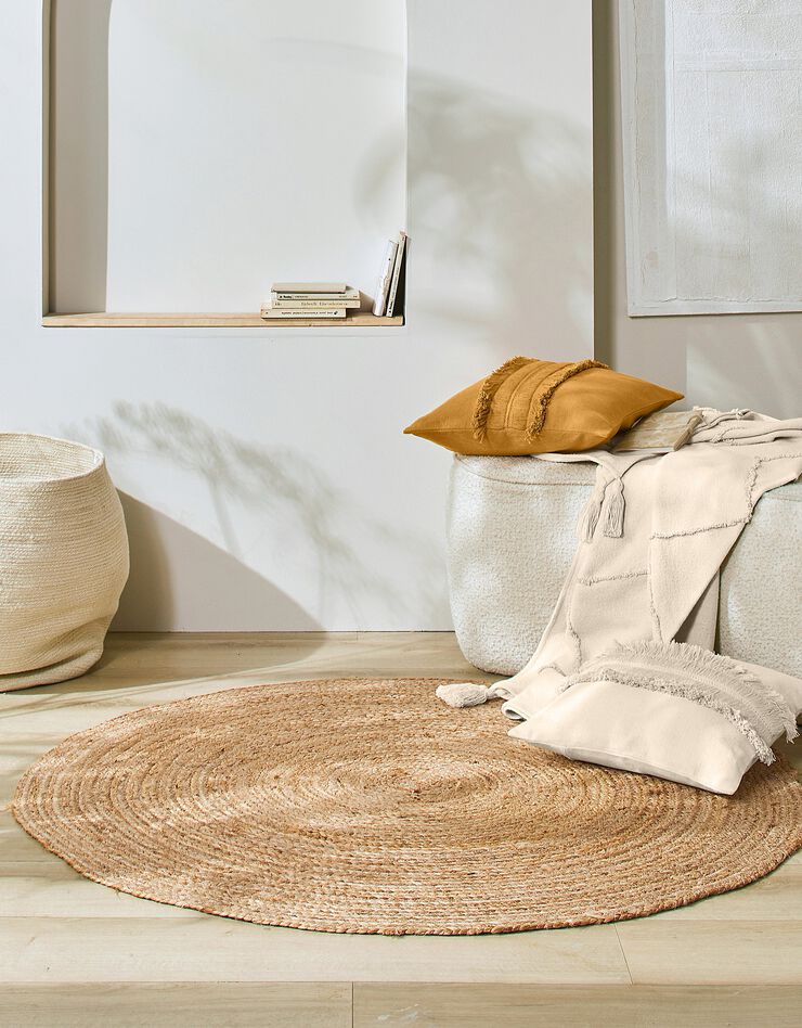 Tapis rond uni en jute tressé (beige)