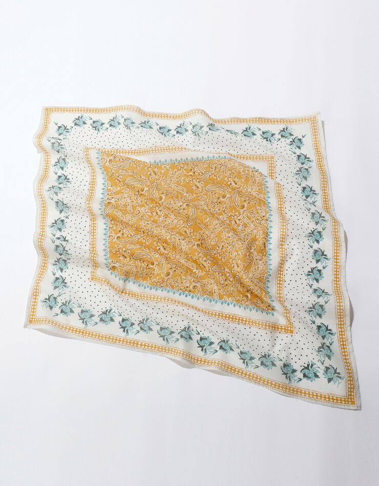 Foulard fabriqué en France imprimé fleuri, 70 x 70 cm  - coton (écru / moutarde)