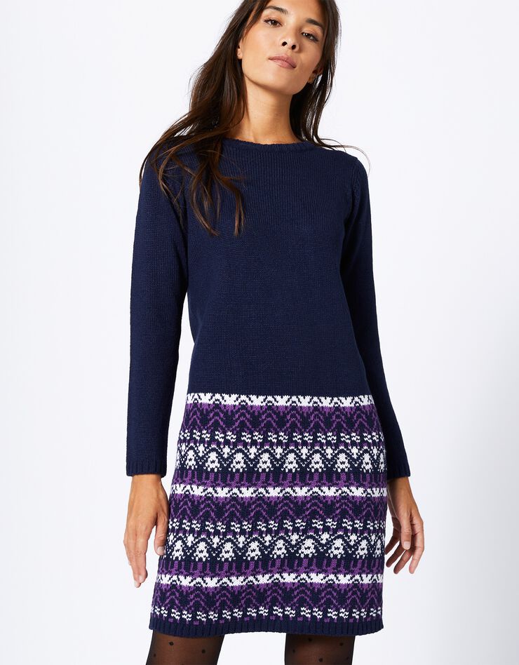 Robe pull unie base à motifs jacquard - manches longues (marine / violine) Robe pull unie base à motifs jacquard - manches longues (marine / violine)