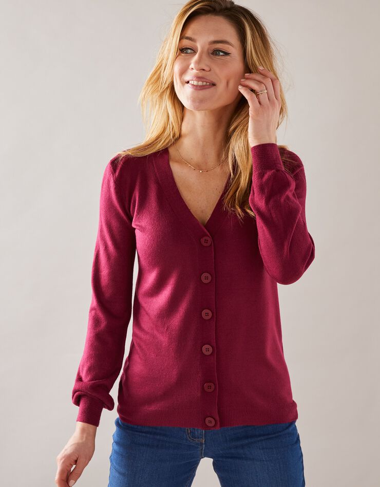 Gilet col V boutonné, toucher cachemire (prune) Gilet col V boutonné, toucher cachemire (prune)