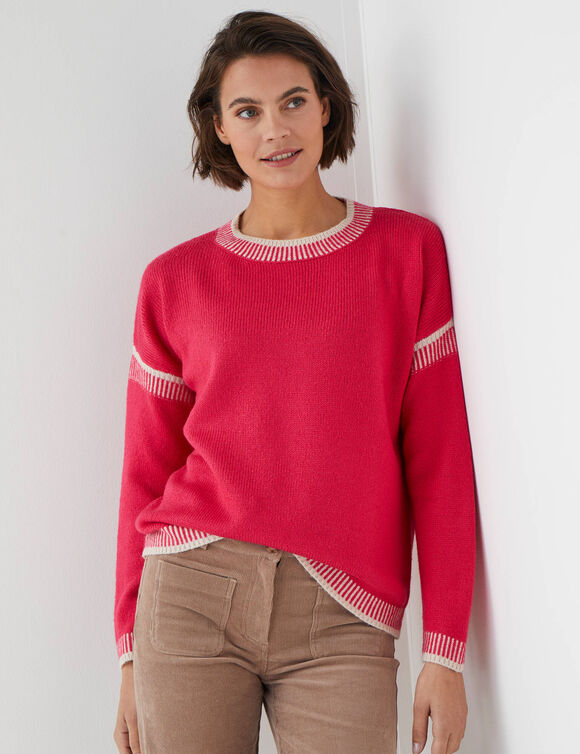 Pull loose bicolore, col rond (rose / &eacute;cru)