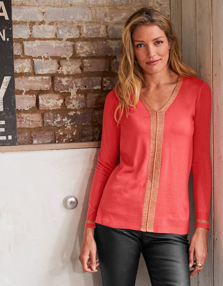 Pull col V toucher cachemire détails brillants (corail) Pull col V toucher cachemire détails brillants (corail)
