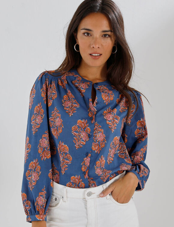 Chemisier boutonn&eacute; imprim&eacute;, col rond  (indigo)