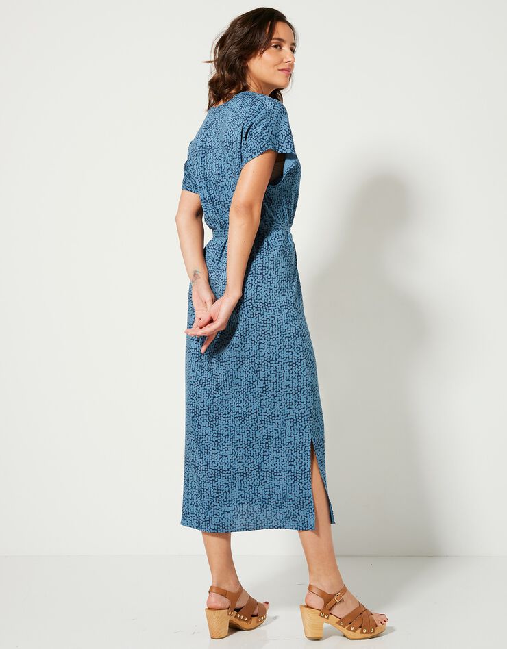 Robe droite longue fluide manches courtes, imprimé (bleu / marine)