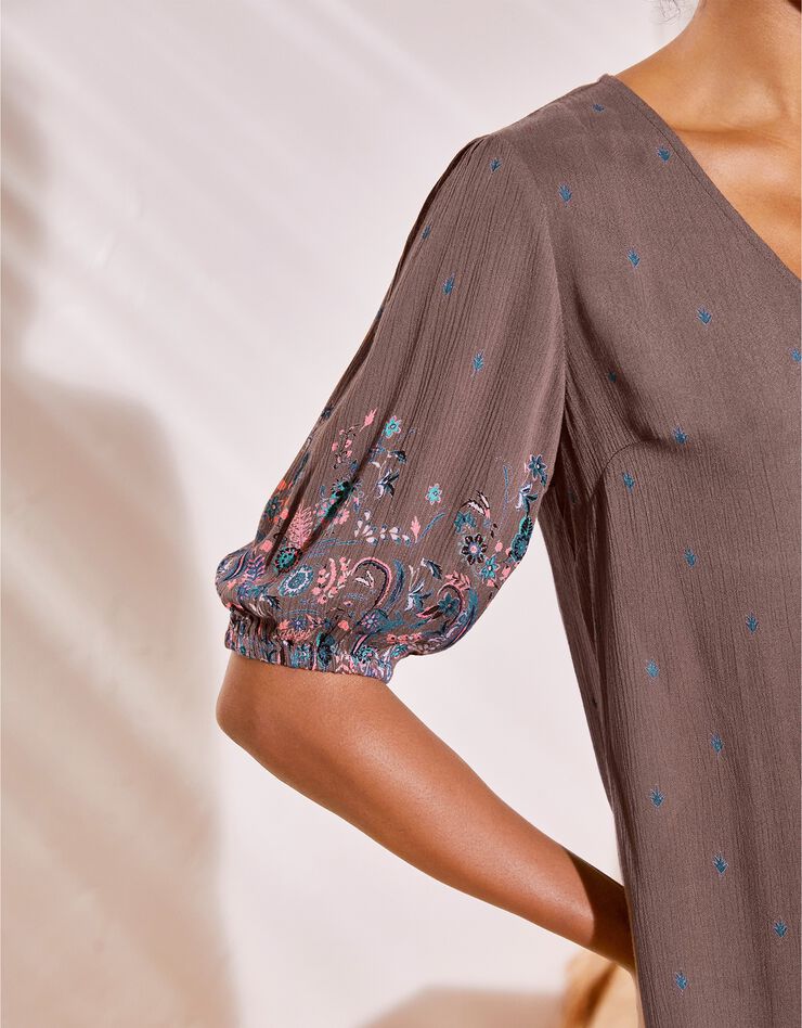 Blouse boutonnée manches imprimé base, crépon (taupe) Blouse boutonnée manches imprimé base, crépon (taupe)