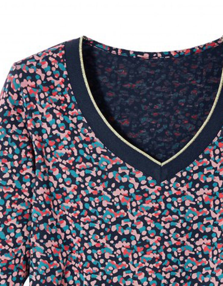 Tee-shirt col V biais doré imprimé (marine / rose) Tee-shirt col V biais doré imprimé (marine / rose)
