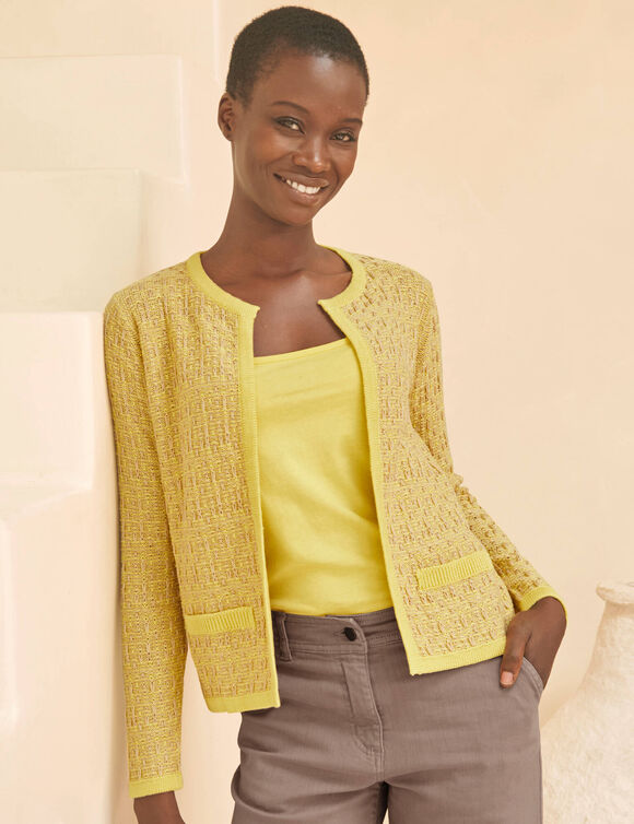 Gilet paletot, maille moulin&eacute;e (jaune)