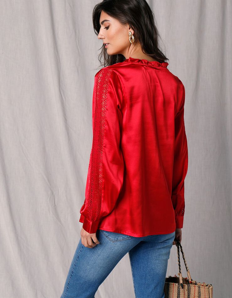 Blouse satin col volanté manches longues dentelle (rouge) Blouse satin col volanté manches longues dentelle (rouge)