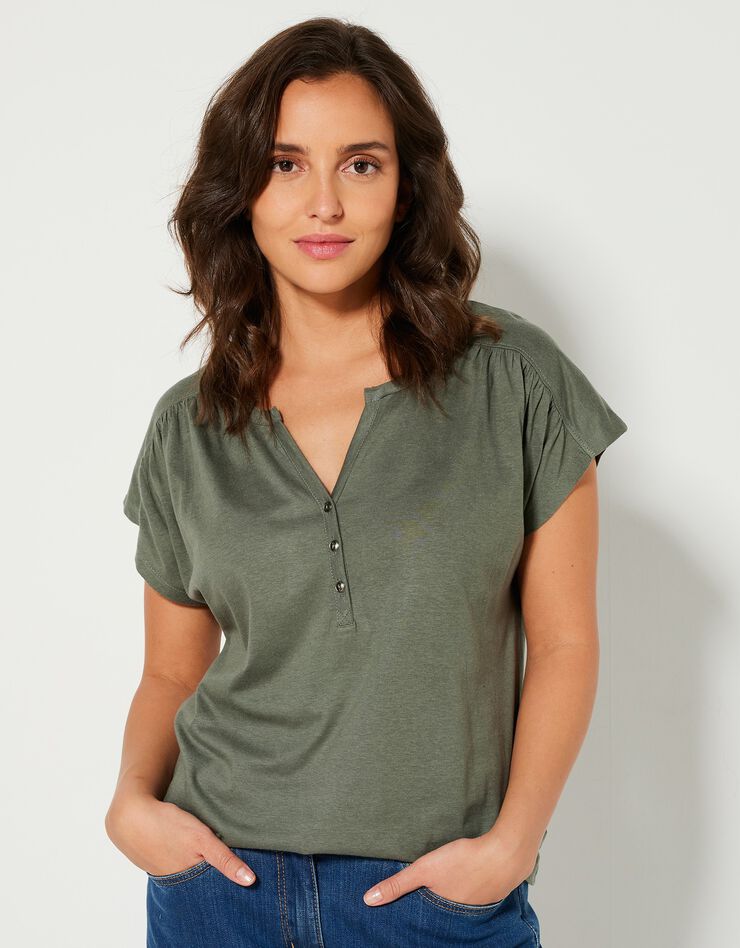 Tee-shirt col tunisien manches courtes, uni (kaki) Tee-shirt col tunisien manches courtes, uni (kaki)