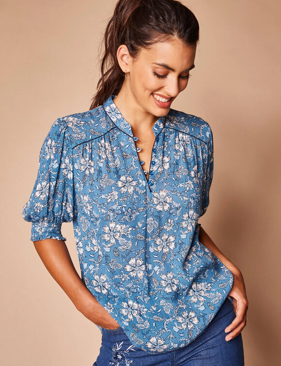 Blouse imprimée manches coudes, crépon (bleu)