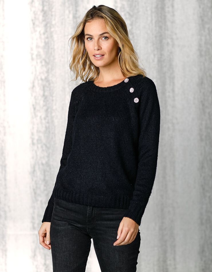 Pull épaule boutonnée bijoux (noir) Pull épaule boutonnée bijoux (noir)