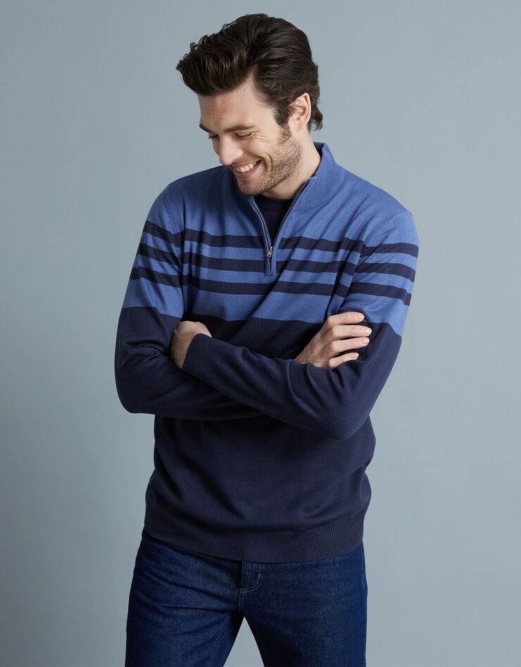 Pull rayé col montant zippé toucher cachemire (marine / bleu)