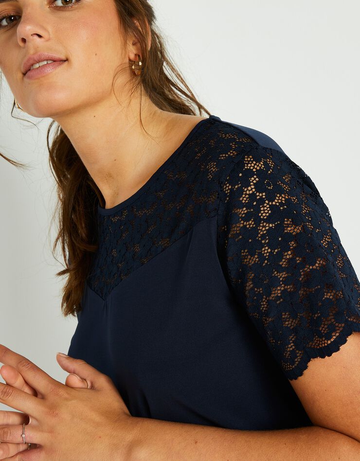 Tee-shirt dentelle col rond manches courtes uni (marine) Tee-shirt dentelle col rond manches courtes uni (marine)