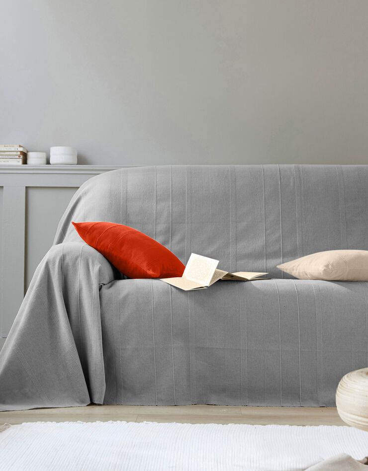 Plaid ou jeté uni coton tissage artisanal (gris perle)