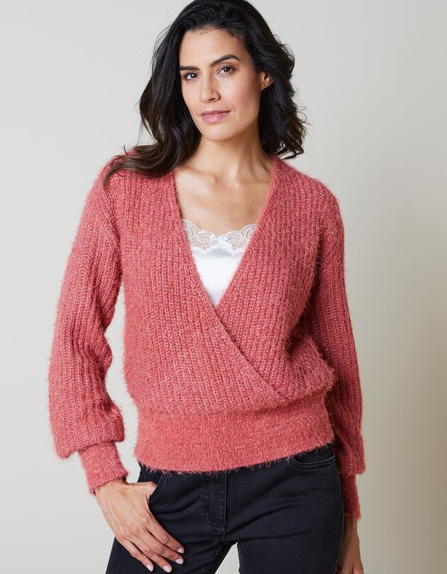 Pull cache-coeur maille fantaisie (bois de rose)
