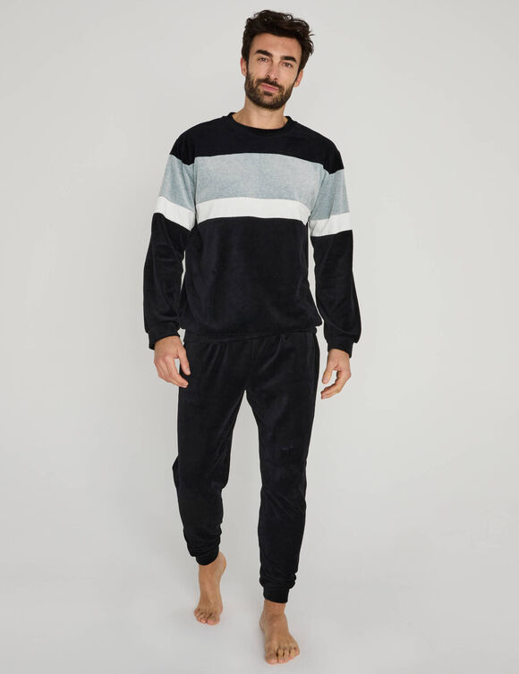 Pyjama tricolore velours manches longues (gris)