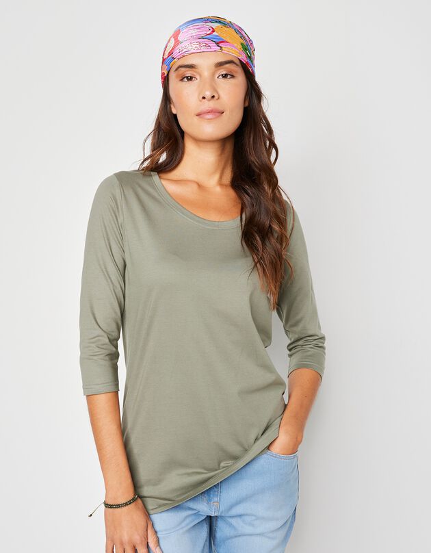 Tee-shirt manches 3/4 col rond uni coton (kaki clair)