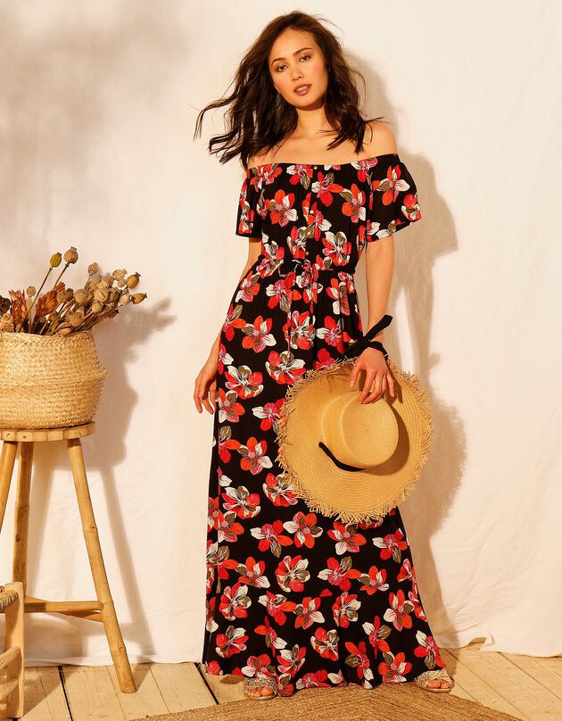 Robe longue manches courtes (noir / corail) Robe longue manches courtes (noir / corail)