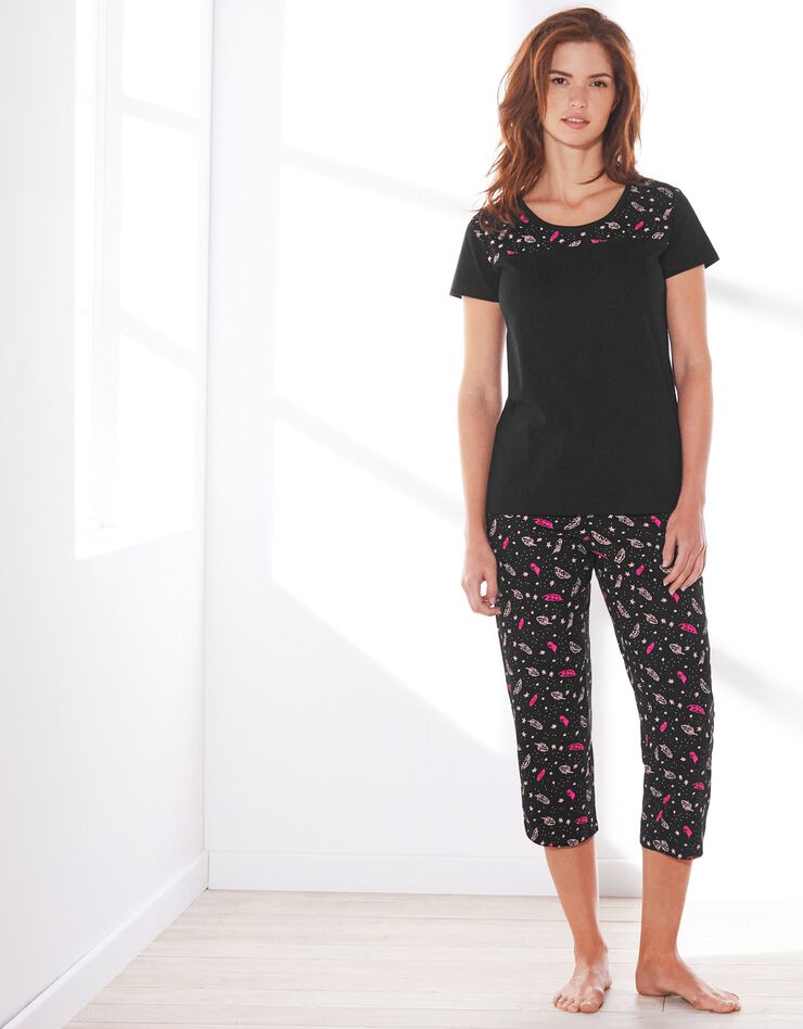 Tee-shirt pyjama manches courtes imprimé placé (noir) Tee-shirt pyjama manches courtes imprimé placé (noir)