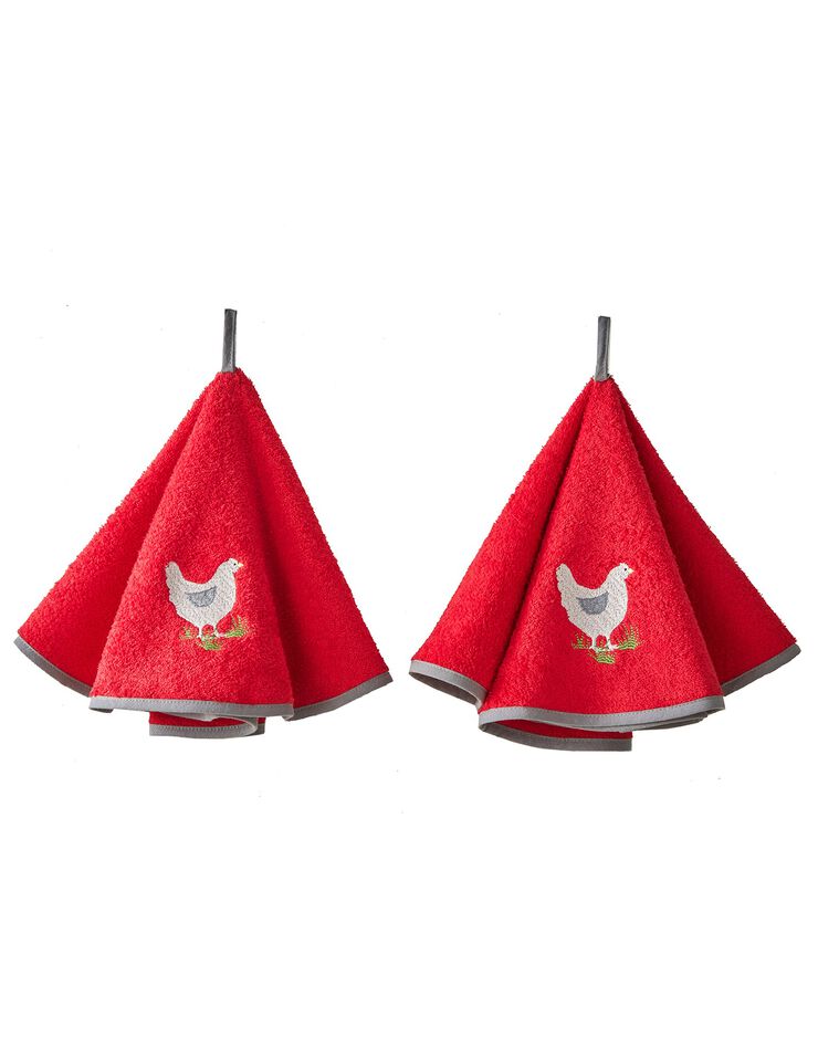 Torchons rond éponge brodée poule - lot de 2 (rouge) Torchons rond éponge brodée poule - lot de 2 (rouge)