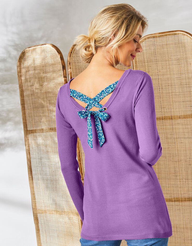 Pull uni, laçage dos imprimé fleuri (lilas) Pull uni, laçage dos imprimé fleuri (lilas)