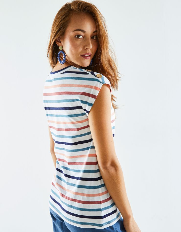 Tee-shirt rayé détail boutonné maille jersey (blanc / multicolore) Tee-shirt rayé détail boutonné maille jersey (blanc / multicolore)