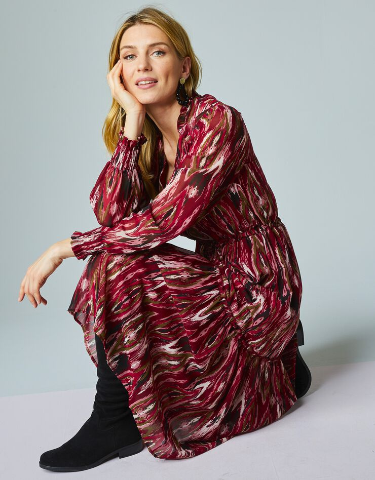 Robe longue volantée en voile Georgette imprimé (bordeaux / écru) Robe longue volantée en voile Georgette imprimé (bordeaux / écru)