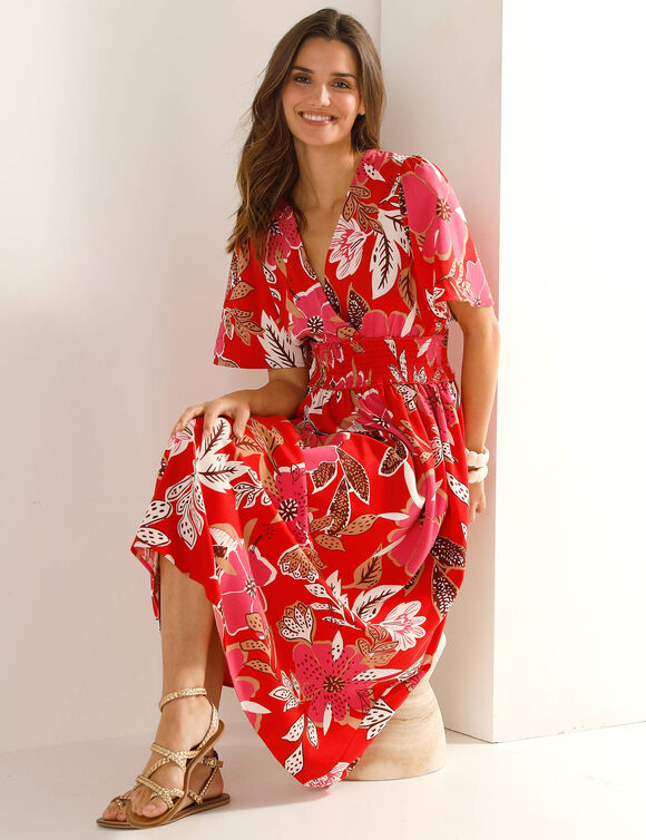 Robe longue d&eacute;collet&eacute; cache-coeur, cr&ecirc;pe imprim&eacute; (rouge)