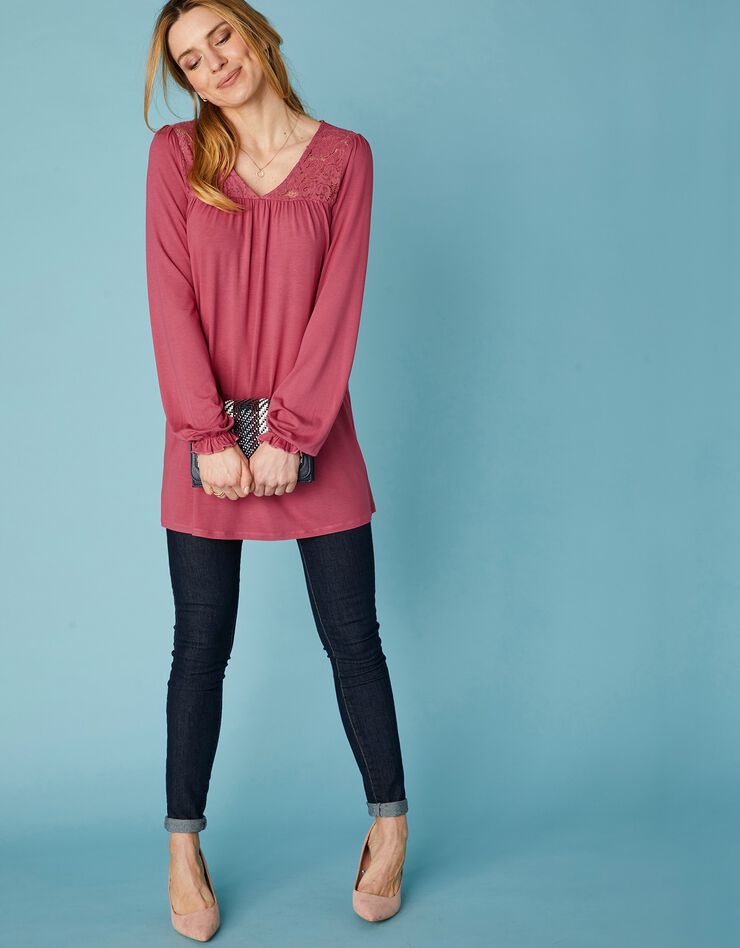 Tunique col V dentelle jersey (bois de rose) Tunique col V dentelle jersey (bois de rose)