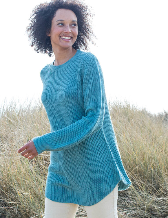 Pull tunique &eacute;vas&eacute; col rond, maille anglaise (c&eacute;ladon grise)