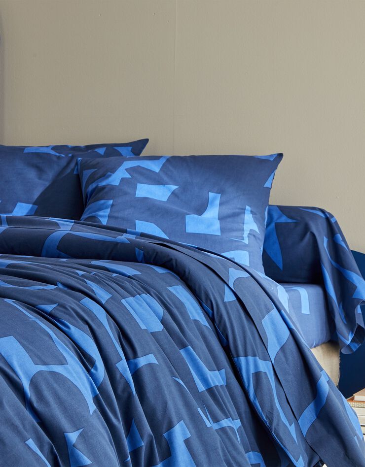 LInge de lit Puzzle en coton imprimé géométrique (bleu)