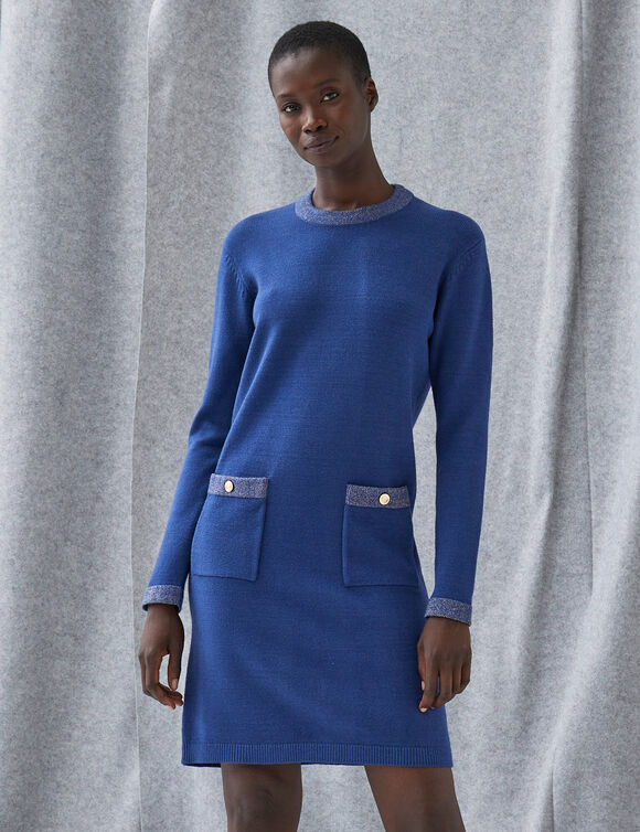 Robe pull d&eacute;tails brillants, 2 poches (bleu)