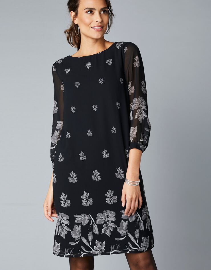 Robe en voile imprimé, manches 3/4 (noir / gris) Robe en voile imprimé, manches 3/4 (noir / gris)
