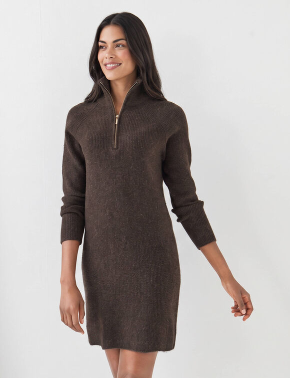 Robe pull col camionneur, maille c&ocirc;tel&eacute;e en laine m&eacute;lang&eacute;e (chocolat)
