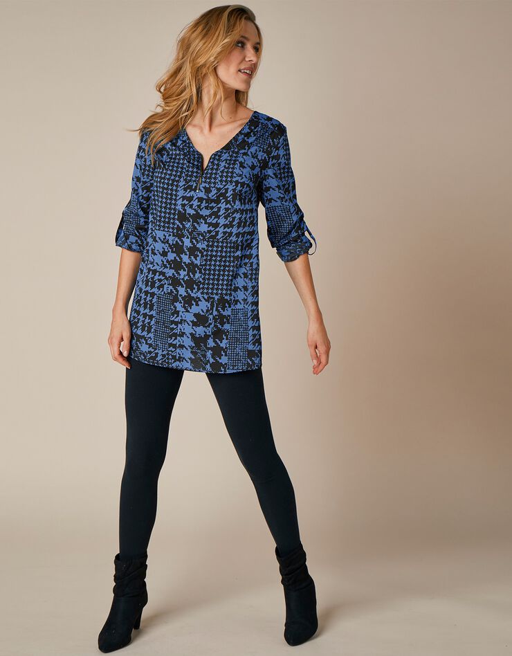 Blouse zippée imprimé pied de poule - manches longues (noir / bleu) Blouse zippée imprimé pied de poule - manches longues (noir / bleu)