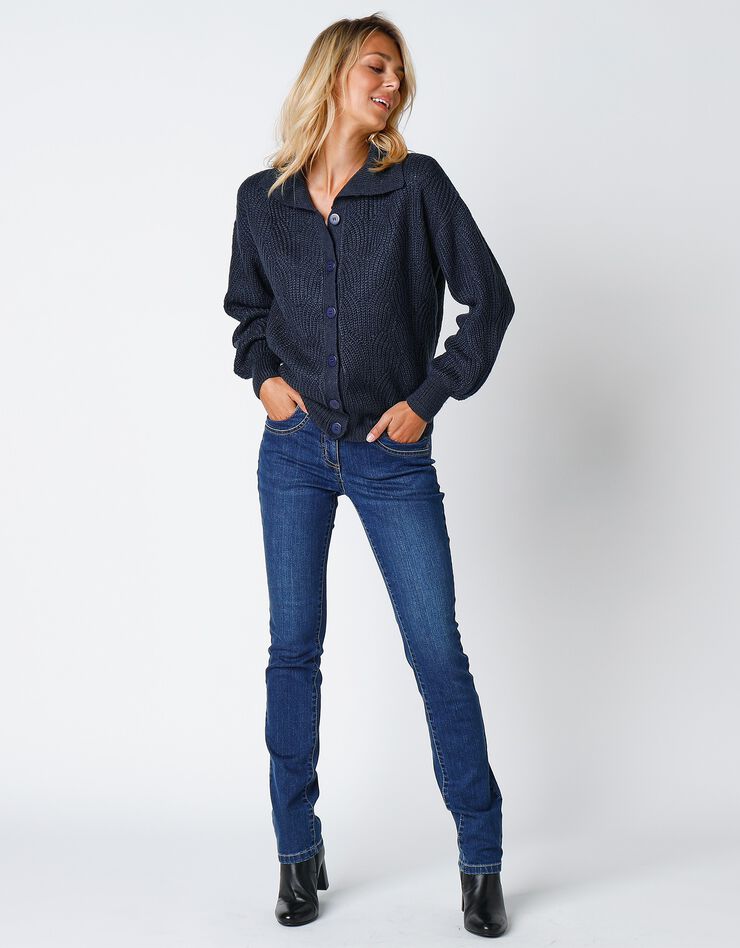 Cardigan maille fantaisie manches blousantes avec col (marine) Cardigan maille fantaisie manches blousantes avec col (marine)