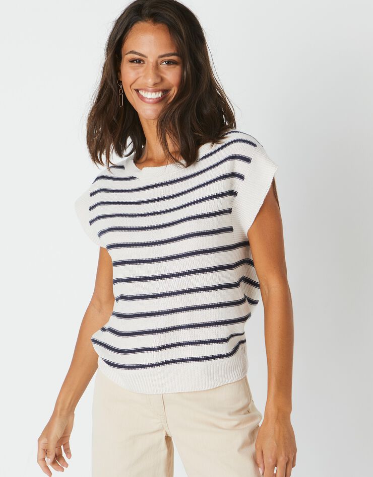 Pull rayé sans manches, spécial petites (écru / marine) Pull rayé sans manches, spécial petites (écru / marine)