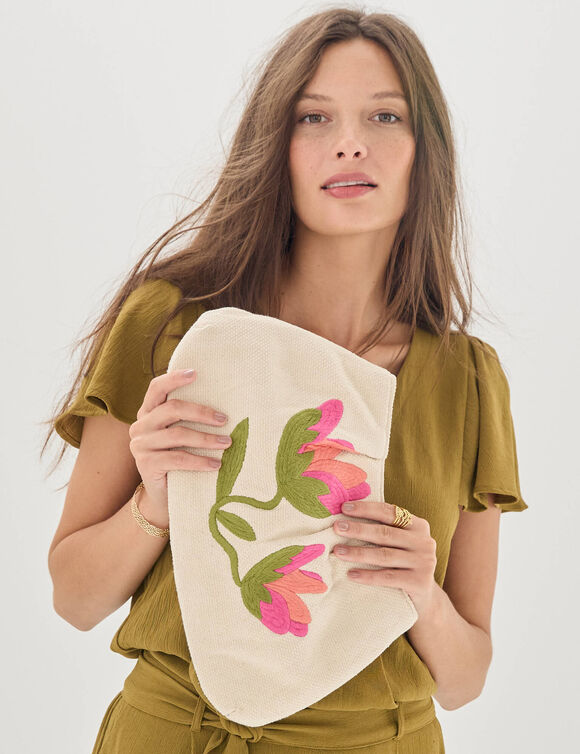 Sac pochette zipp&eacute; brod&eacute; (&eacute;cru)