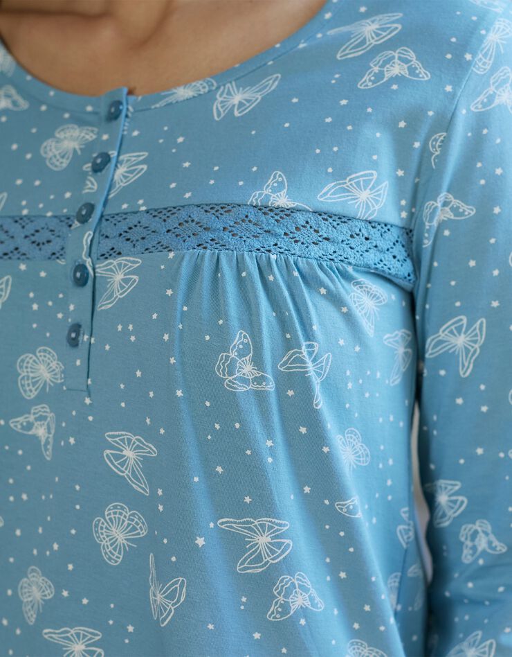 Chemise de nuit longue manches longues imprimée "papillons" (bleu grisé)