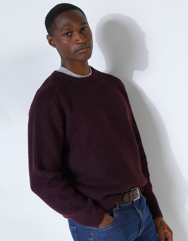Pull col rond manches marteau côtes anglaises 30% laine (bordeaux)