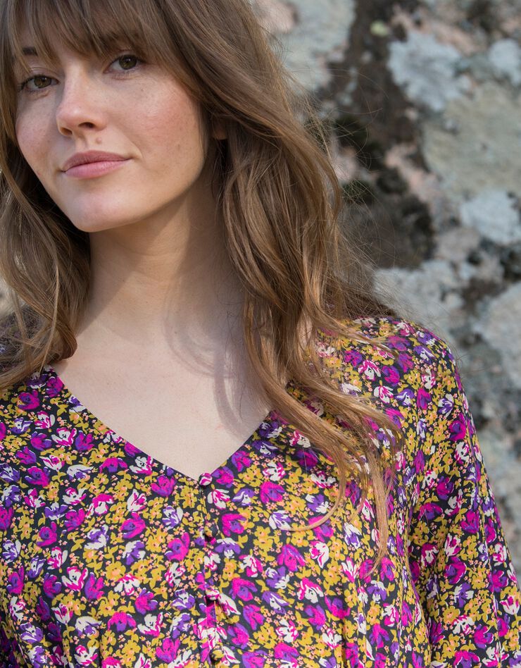 Robe manches 3/4 imprimé fleuri (noir / violine)