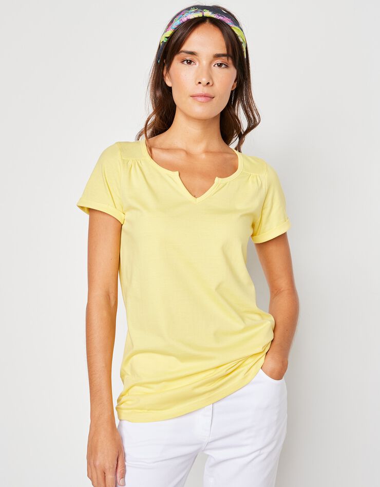 Tee-shirt col tunisien uni coton (jaune pâle)
