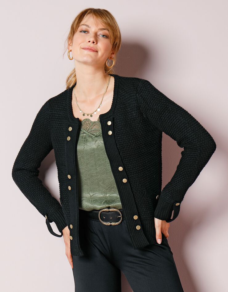 Gilet maille fantaisie boutons dorés vieillis (noir) Gilet maille fantaisie boutons dorés vieillis (noir)
