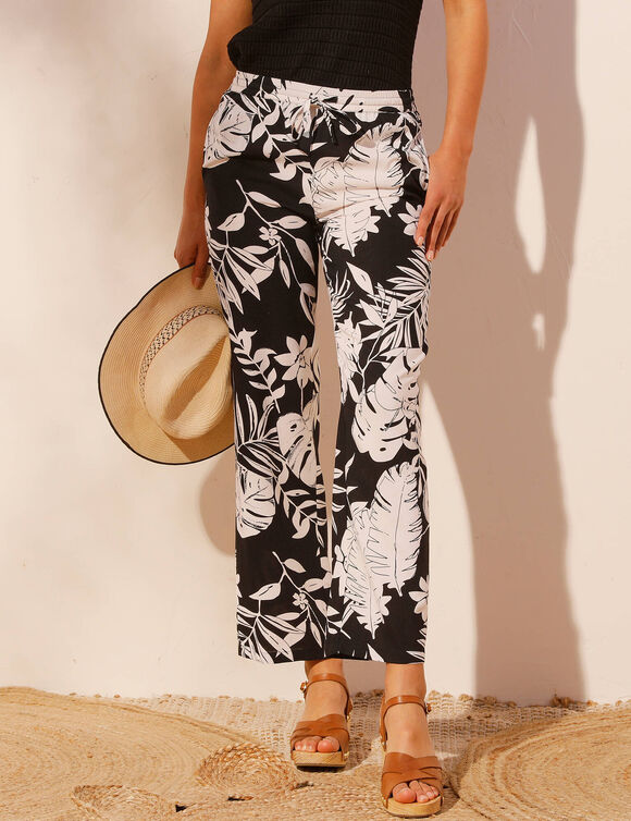 Pantalon large fluide imprimé, coupe large (noir / grège)