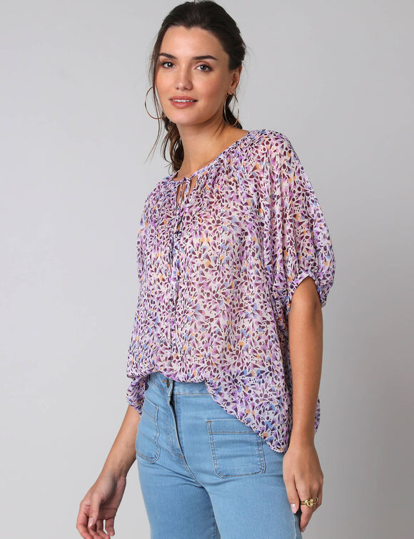 Blouse manches coude voile chiffon, col fronc&eacute; (&eacute;cru / parme)